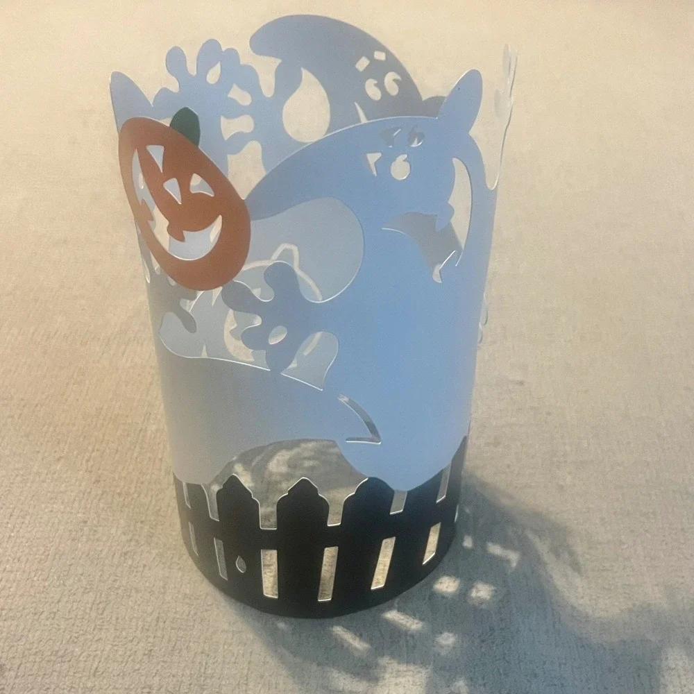 Halloween Ghost Pumpkin Metal Candle Holder Sleeve Picket Fence Decor 8.5 Inch